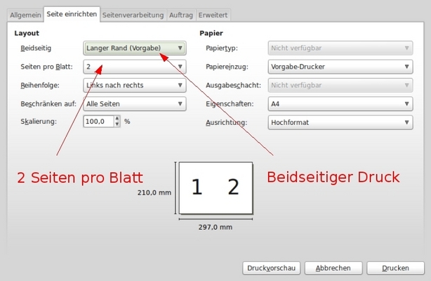 Screenshot: 2 Seiten auf einem Blatt und beidseitiger Druck (Druckdialog von "evince"